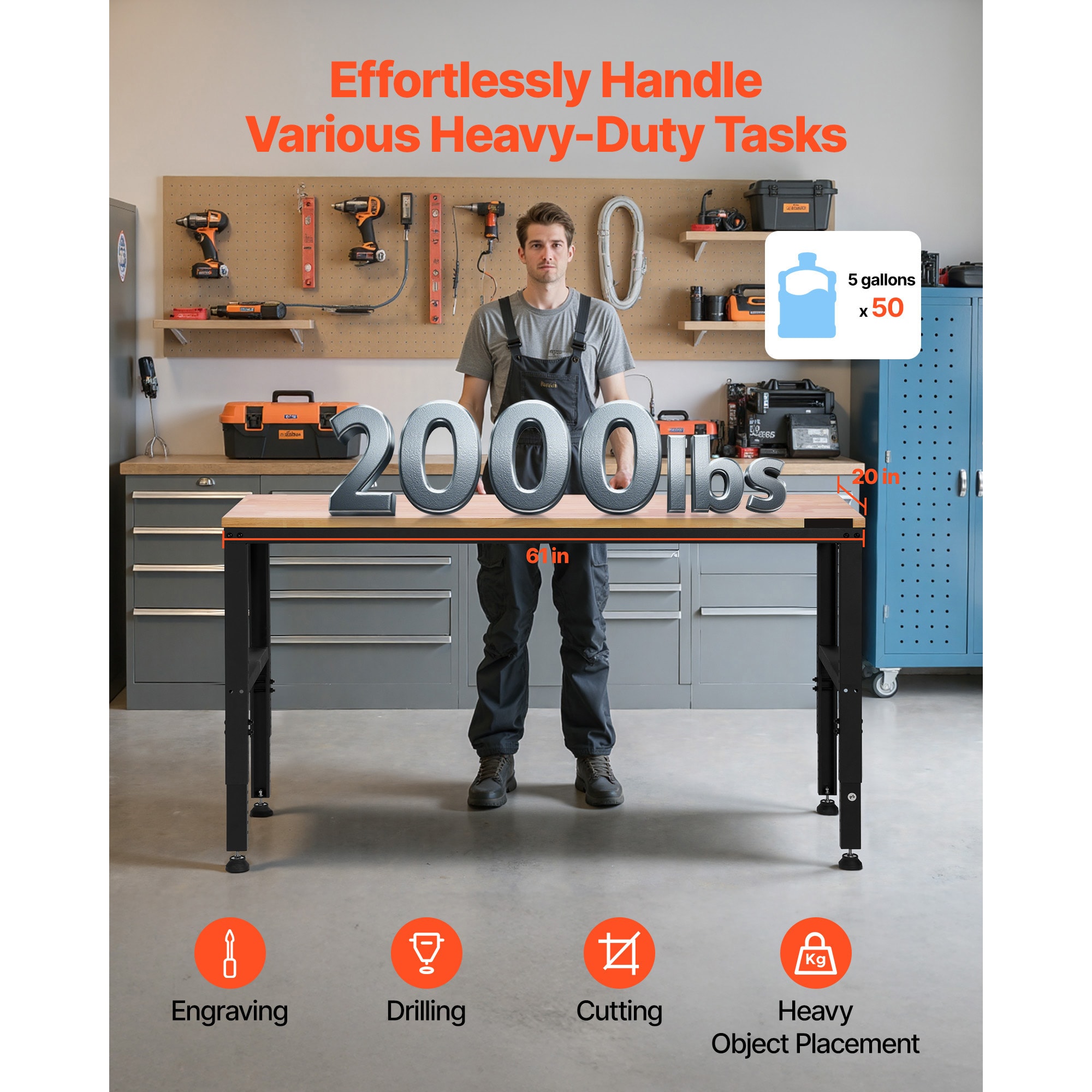 Adjustable Height Workbench With Power Outlets And Hardwood Top_voghion.com